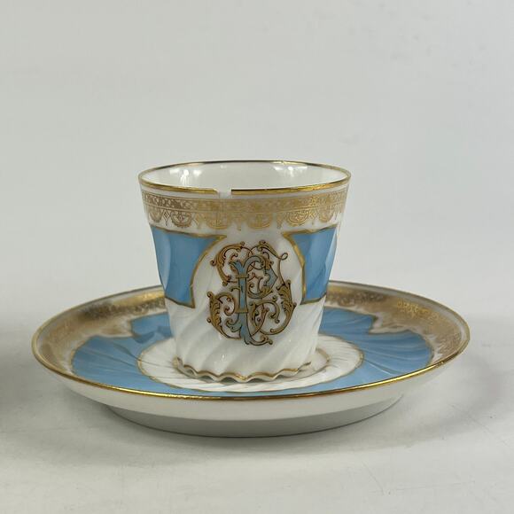 Antique French Demitasse Cup & Saucer Mansard Paris Blue Gold Monogram Porcelain - Picture 4 of 13